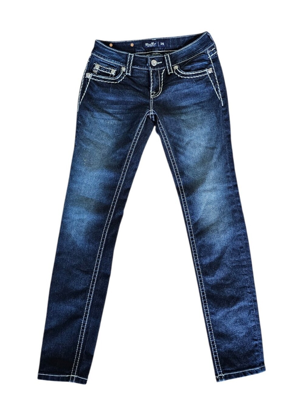 Miss Me Dark Indigo Low Rise Skinny Jeans with Contrast Stitching Size 26
